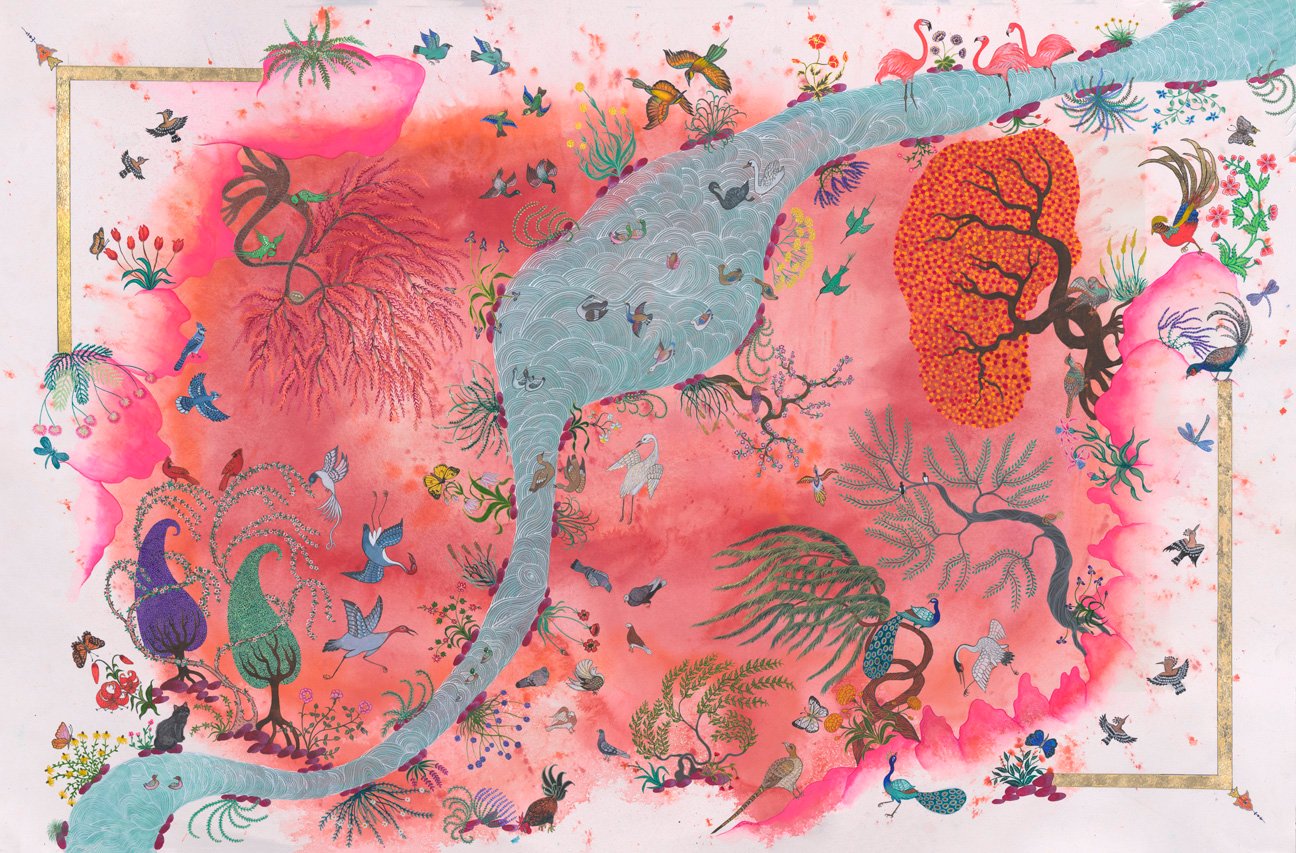 The Conference of Birds, The Journey of Self: The Valley of Love (Ishq), 2025, Medium: Watercolor, Gouache and 24 Kt Gold Leaf on Watercolor Paper