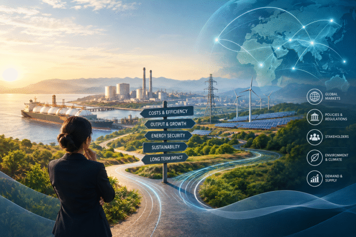 Strategic energy decision-making showing energy infrastructure, renewable power and interconnected global markets.