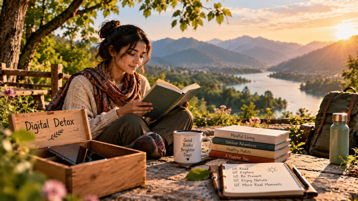 Digital detox lifestyle showing a smartphone set aside in favour of reading and outdoor activities