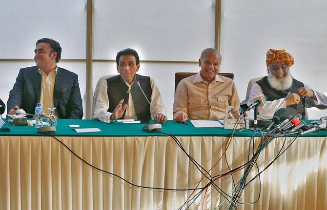 Pakistan opposition leaders Shehbaz Sharif, Asif Ali Zardari and Maulana Fazlur Rehman during a joint press conference in Islamabad in March 2022.