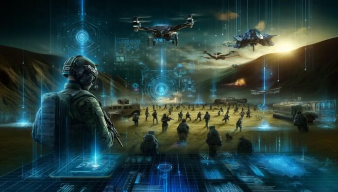Autonomous military drone illustrating legal and ethical challenges of AI warfare.